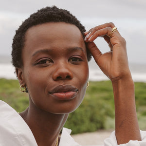 Gold twisted Hoop , Model wearing gold rings